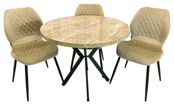 Set masa Hamburg Royal Beige cu 3 scaune Goteborg bej, DENVER, picioare metalice negre, forma rotunda, 90x73 cm