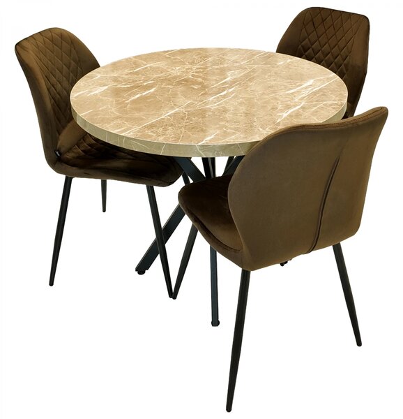 Set masa Hamburg Royal Beige cu 3 scaune Goteborg maro, DENVER, picioare metalice negre, forma rotunda, 90x73 cm
