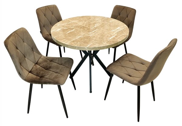 Set masa Hamburg Royal Beige cu 4 scaune Kobe maro, DENVER, picioare metalice negre, forma rotunda, 90x73 cm