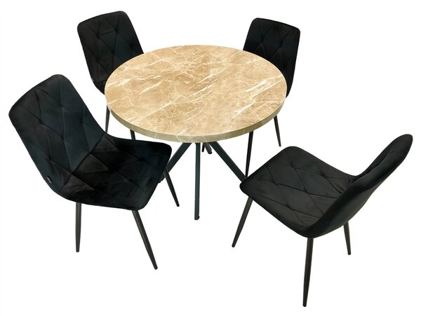 Set masa Hamburg Royal Beige cu 4 scaune Kobe negru, DENVER, picioare metalice negre, forma rotunda, 90x73 cm