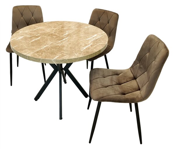 Set masa Hamburg Royal Beige cu 3 scaune Kobe maro, DENVER, picioare metalice negre, forma rotunda, 90x73 cm