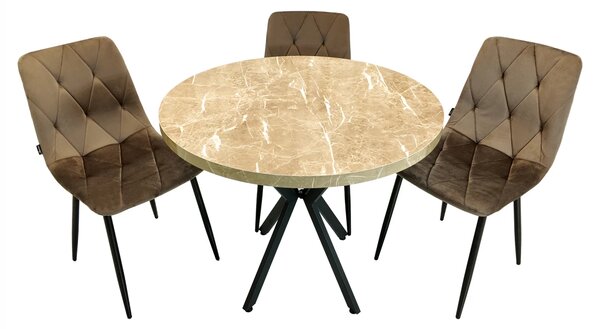 Set masa Hamburg Royal Beige cu 3 scaune Kobe maro, DENVER, picioare metalice negre, forma rotunda, 90x73 cm