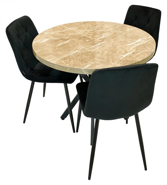 Set masa Hamburg Royal Beige cu 3 scaune Kobe negru, DENVER, picioare metalice negre, forma rotunda, 90x73 cm