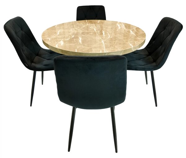 Set masa Hamburg Royal Beige cu 4 scaune Kobe negru, DENVER, picioare metalice negre, forma rotunda, 90x73 cm