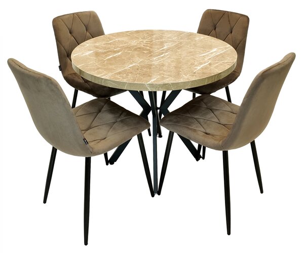Set masa Hamburg Royal Beige cu 4 scaune Kobe maro, DENVER, picioare metalice negre, forma rotunda, 90x73 cm