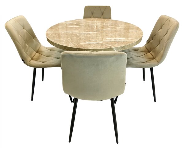 Set masa Hamburg Royal Beige cu 4 scaune Kobe bej, DENVER, picioare metalice negre, forma rotunda, 90x73 cm