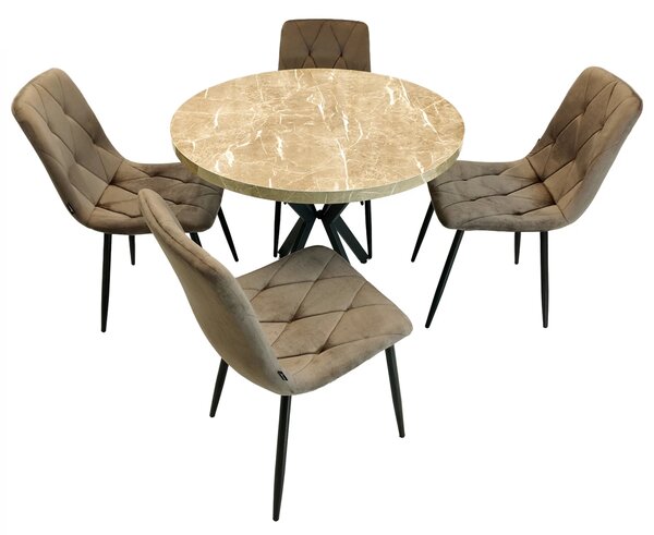 Set masa Hamburg Royal Beige cu 4 scaune Kobe maro, DENVER, picioare metalice negre, forma rotunda, 90x73 cm