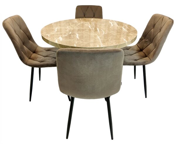 Set masa Hamburg Royal Beige cu 4 scaune Kobe maro, DENVER, picioare metalice negre, forma rotunda, 90x73 cm