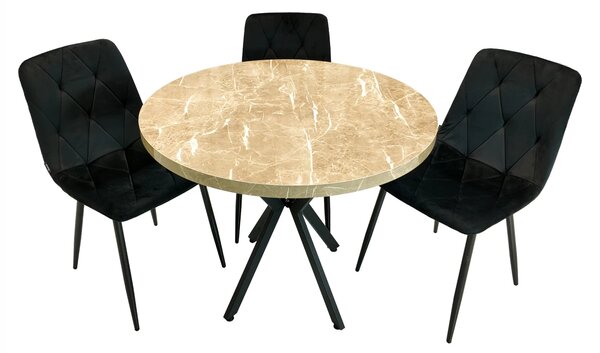 Set masa Hamburg Royal Beige cu 3 scaune Kobe negru, DENVER, picioare metalice negre, forma rotunda, 90x73 cm