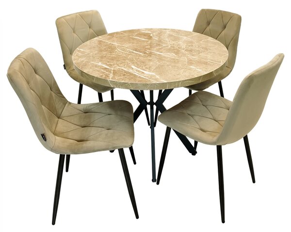 Set masa Hamburg Royal Beige cu 4 scaune Kobe bej, DENVER, picioare metalice negre, forma rotunda, 90x73 cm