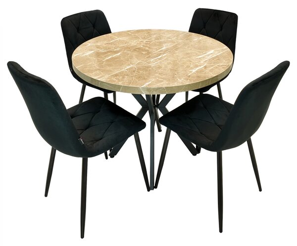 Set masa Hamburg Royal Beige cu 4 scaune Kobe negru, DENVER, picioare metalice negre, forma rotunda, 90x73 cm