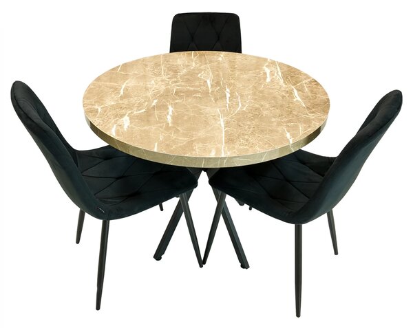 Set masa Hamburg Royal Beige cu 3 scaune Kobe negru, DENVER, picioare metalice negre, forma rotunda, 90x73 cm