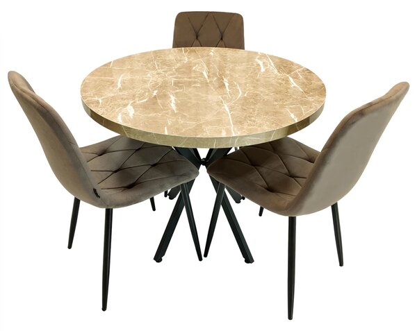 Set masa Hamburg Royal Beige cu 3 scaune Kobe maro, DENVER, picioare metalice negre, forma rotunda, 90x73 cm