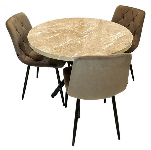 Set masa Hamburg Royal Beige cu 3 scaune Kobe maro, DENVER, picioare metalice negre, forma rotunda, 90x73 cm