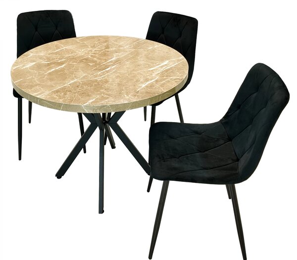Set masa Hamburg Royal Beige cu 3 scaune Kobe negru, DENVER, picioare metalice negre, forma rotunda, 90x73 cm