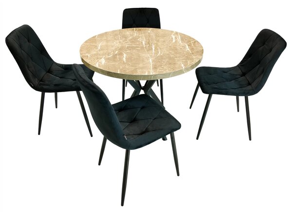 Set masa Hamburg Royal Beige cu 4 scaune Kobe negru, DENVER, picioare metalice negre, forma rotunda, 90x73 cm