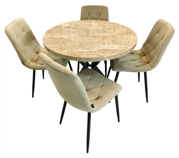 Set masa Hamburg Royal Beige cu 4 scaune Kobe bej, DENVER, picioare metalice negre, forma rotunda, 90x73 cm