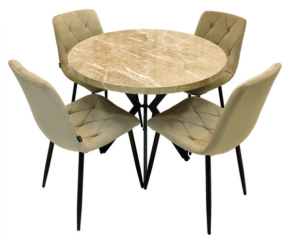 Set masa Hamburg Royal Beige cu 4 scaune Kobe bej, DENVER, picioare metalice negre, forma rotunda, 90x73 cm