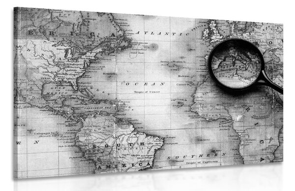 Tablou harta lumii cu lupa alb-negru