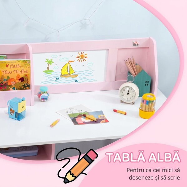 HOMCOM Set Masă și Scaune pentru Copii 5-8 Ani cu Spațiu de Depozitare, Tablă și Scaun, 90x45x85 cm, Roz | Aosom Romania