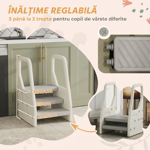 AIYAPLAY Turnuleț pentru Copii 2-5 Ani cu 3 Trepte Reglabile și Tălpi Antiderapante, 43x42x65,5 cm, Gri | Aosom Romania