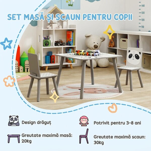 ZONEKIZ Set Masă și 2 Scaune pentru Copii de 3-8 Ani cu Desene de Animale, 60x60x44 cm, Gri | Aosom Romania