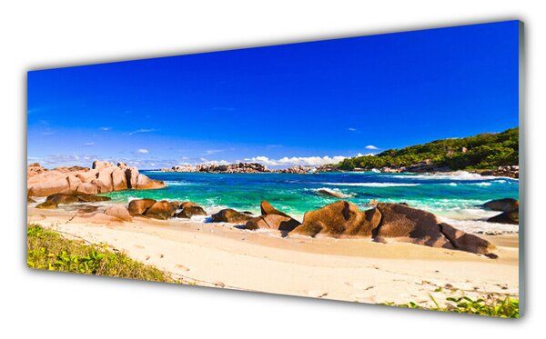 Panou sticla bucatarie Rocky Sea Beach Peisaj Albastru Galben Verde