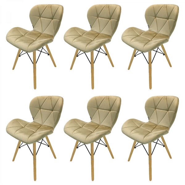 Set 6 scaune Oslo, DENVER, catifea bej, picioare lemn, 48x39x74 cm