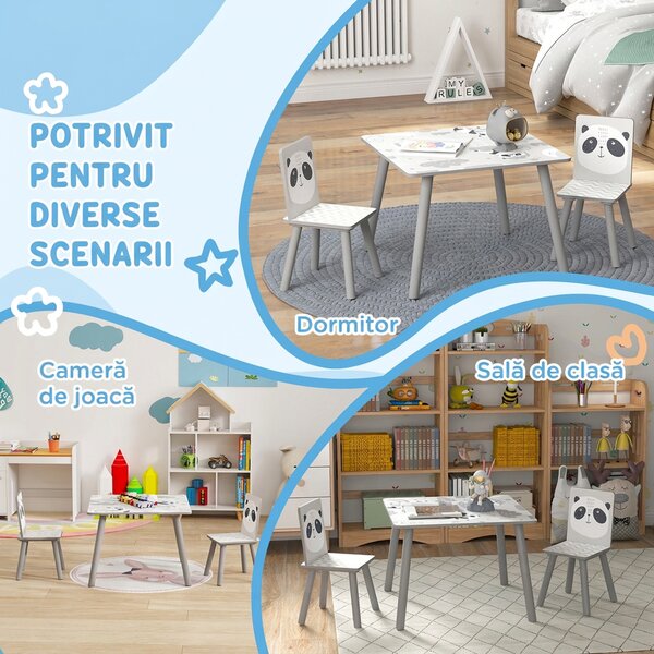 ZONEKIZ Set Masă și 2 Scaune pentru Copii de 3-8 Ani cu Desene de Animale, 60x60x44 cm, Gri | Aosom Romania