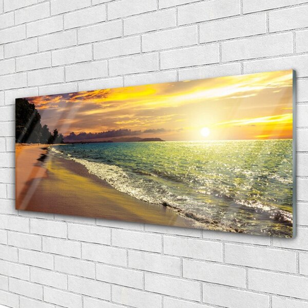 Tablou pe sticla Sun Sea Beach peisaj copac Verde Galben Albastru