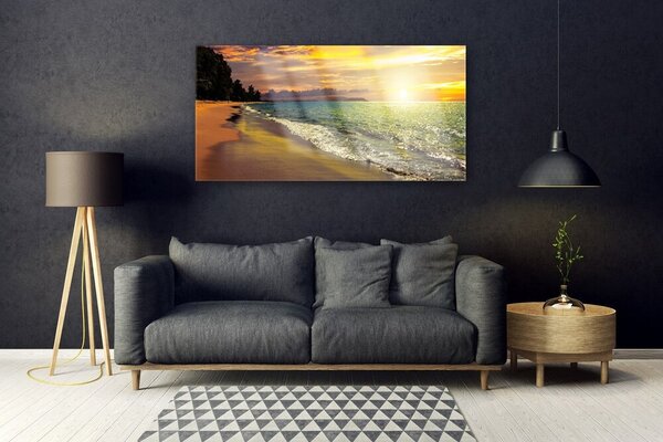 Tablou pe sticla Sun Sea Beach peisaj copac Verde Galben Albastru