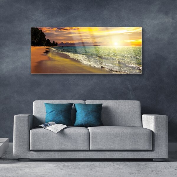 Tablou pe sticla Sun Sea Beach peisaj copac Verde Galben Albastru