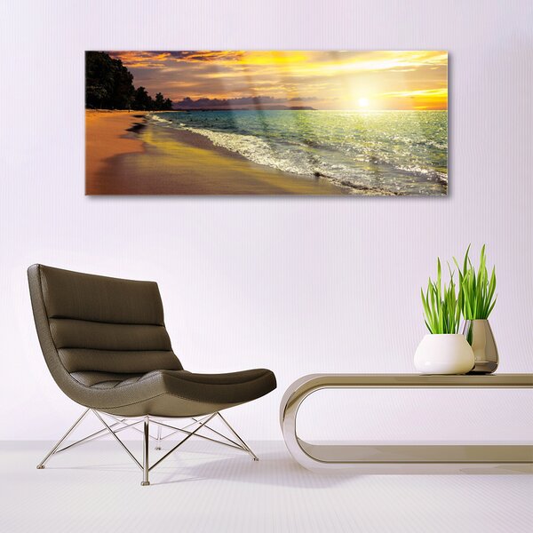 Tablou pe sticla Sun Sea Beach peisaj copac Verde Galben Albastru