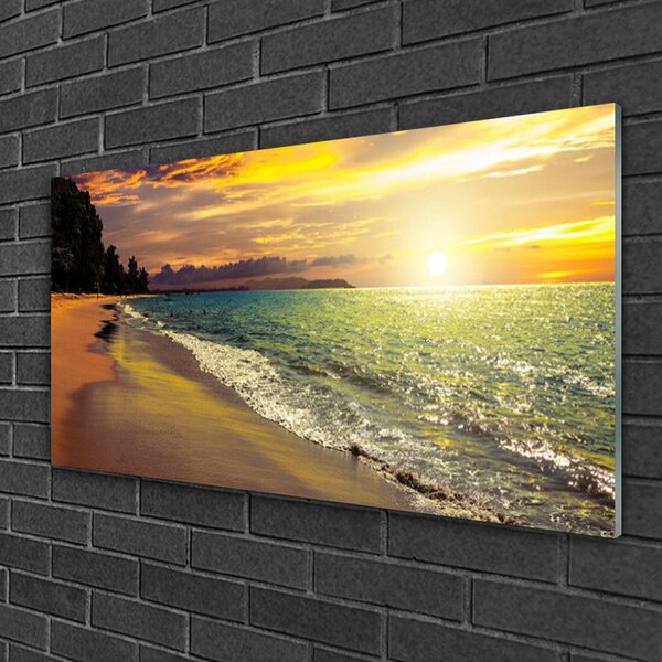 Tablou pe sticla Sun Sea Beach peisaj copac Verde Galben Albastru