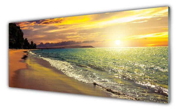 Tablou pe sticla Sun Sea Beach peisaj copac Verde Galben Albastru