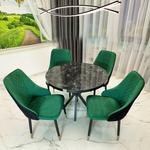 Set masa Hamburg Black Marble cu 4 scaune Modena verde, DENVER, picioare metalice negre, forma rotunda, 90x73 cm