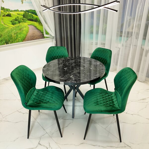 Set masa Hamburg Black Marble cu 4 scaune Goteborg verde, DENVER, picioare metalice negre, forma rotunda, 90x73 cm