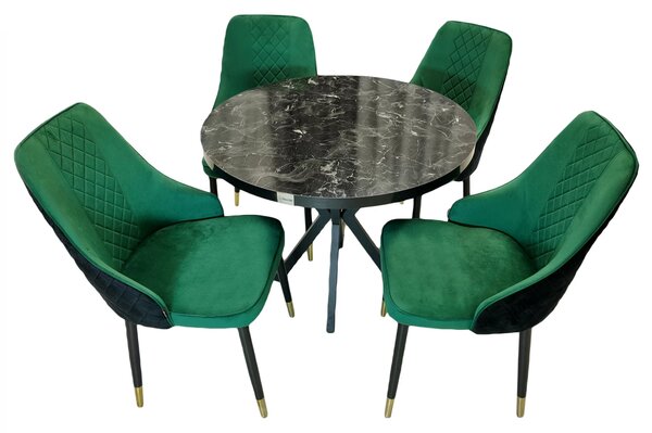 Set masa Hamburg Black Marble cu 4 scaune Modena verde, DENVER, picioare metalice negre, forma rotunda, 90x73 cm