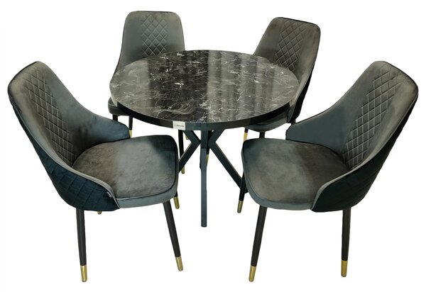 Set masa Hamburg Black Marble cu 4 scaune Modena gri, DENVER, picioare metalice negre, forma rotunda, 90x73 cm