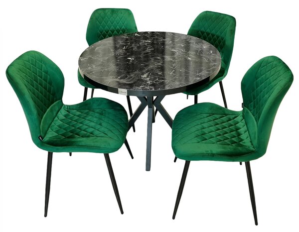 Set masa Hamburg Black Marble cu 4 scaune Goteborg verde, DENVER, picioare metalice negre, forma rotunda, 90x73 cm