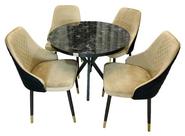 Set masa Hamburg Black Marble cu 4 scaune Modena bej, DENVER, picioare metalice negre, forma rotunda, 90x73 cm