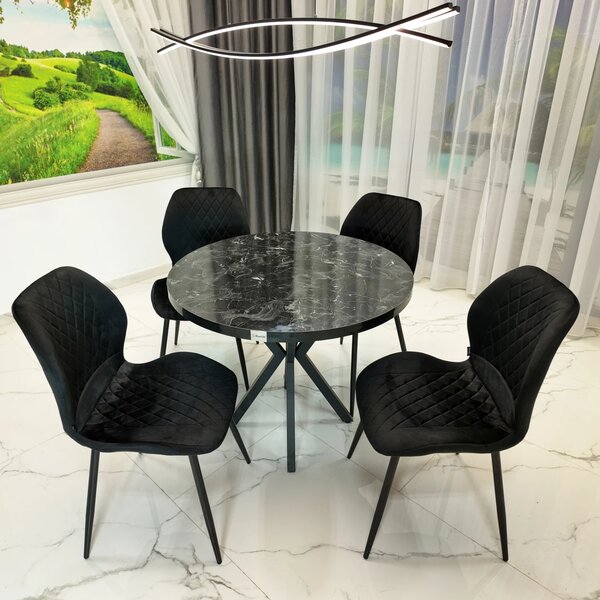 Set masa Hamburg Black Marble cu 4 scaune Goteborg negru, DENVER, picioare metalice negre, forma rotunda, 90x73 cm