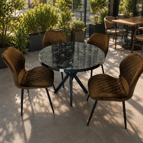 Set masa Hamburg Black Marble cu 4 scaune Goteborg maro, DENVER, picioare metalice negre, forma rotunda, 90x73 cm