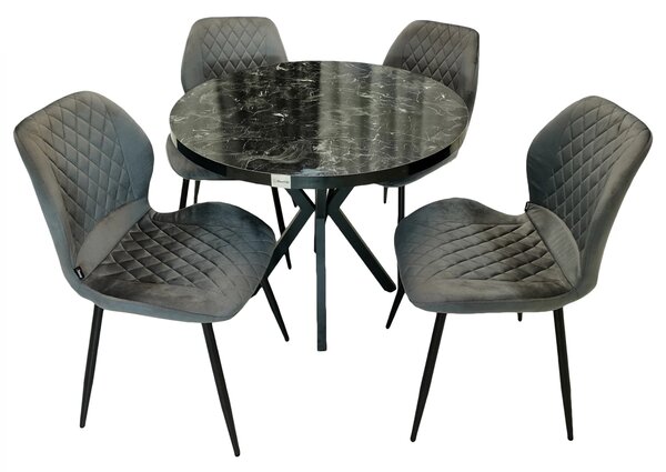 Set masa Hamburg Black Marble cu 4 scaune Goteborg gri, DENVER, picioare metalice negre, forma rotunda, 90x73 cm