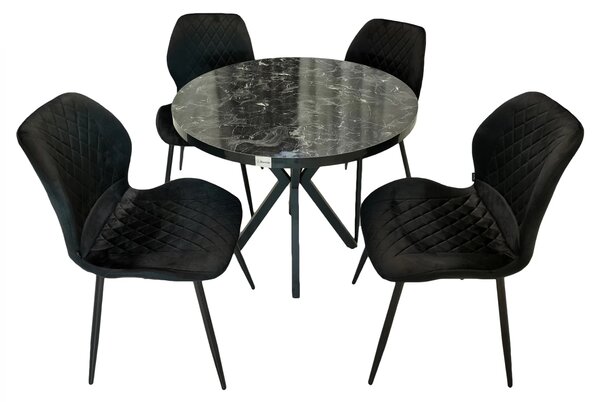 Set masa Hamburg Black Marble cu 4 scaune Goteborg negru, DENVER, picioare metalice negre, forma rotunda, 90x73 cm