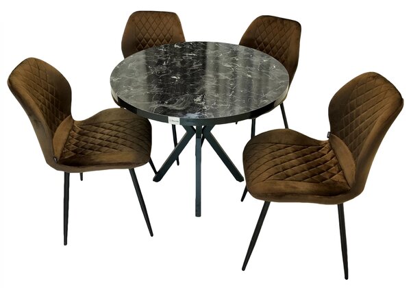 Set masa Hamburg Black Marble cu 4 scaune Goteborg maro, DENVER, picioare metalice negre, forma rotunda, 90x73 cm