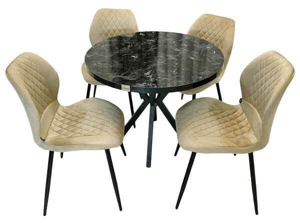 Set masa Hamburg Black Marble cu 4 scaune Goteborg bej, DENVER, picioare metalice negre, forma rotunda, 90x73 cm