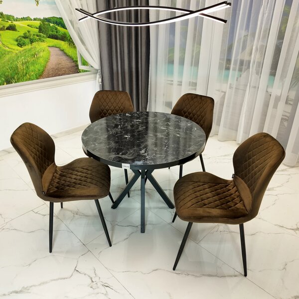 Set masa Hamburg Black Marble cu 4 scaune Goteborg maro, DENVER, picioare metalice negre, forma rotunda, 90x73 cm
