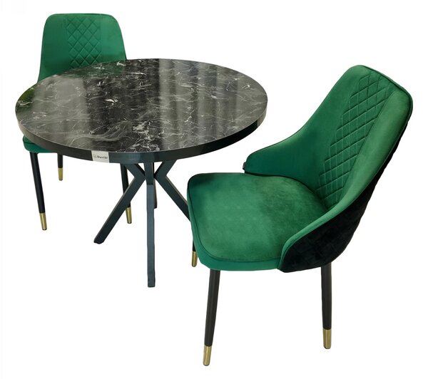 Set masa Hamburg Black Marble cu 2 scaune Modena verde, DENVER, picioare metalice negre, forma rotunda, 90x73 cm