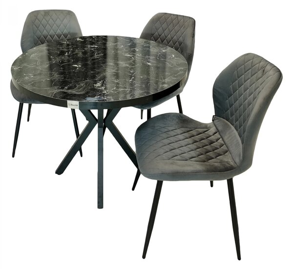 Set masa Hamburg Black Marble cu 3 scaune Goteborg gri, DENVER, picioare metalice negre, forma rotunda, 90x73 cm
